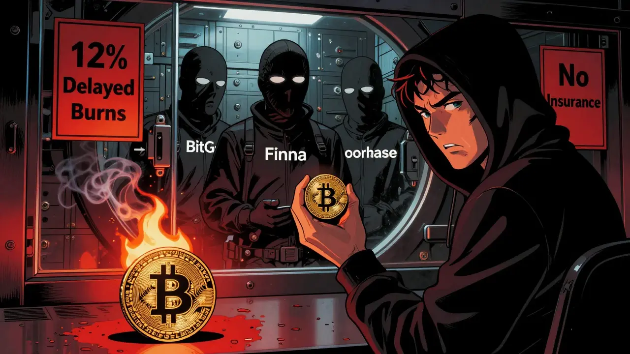 Пользователь отправляет BTC кастодианам с тремя лицами, вокруг — предупреждения о задержках и отсутствии страховки.