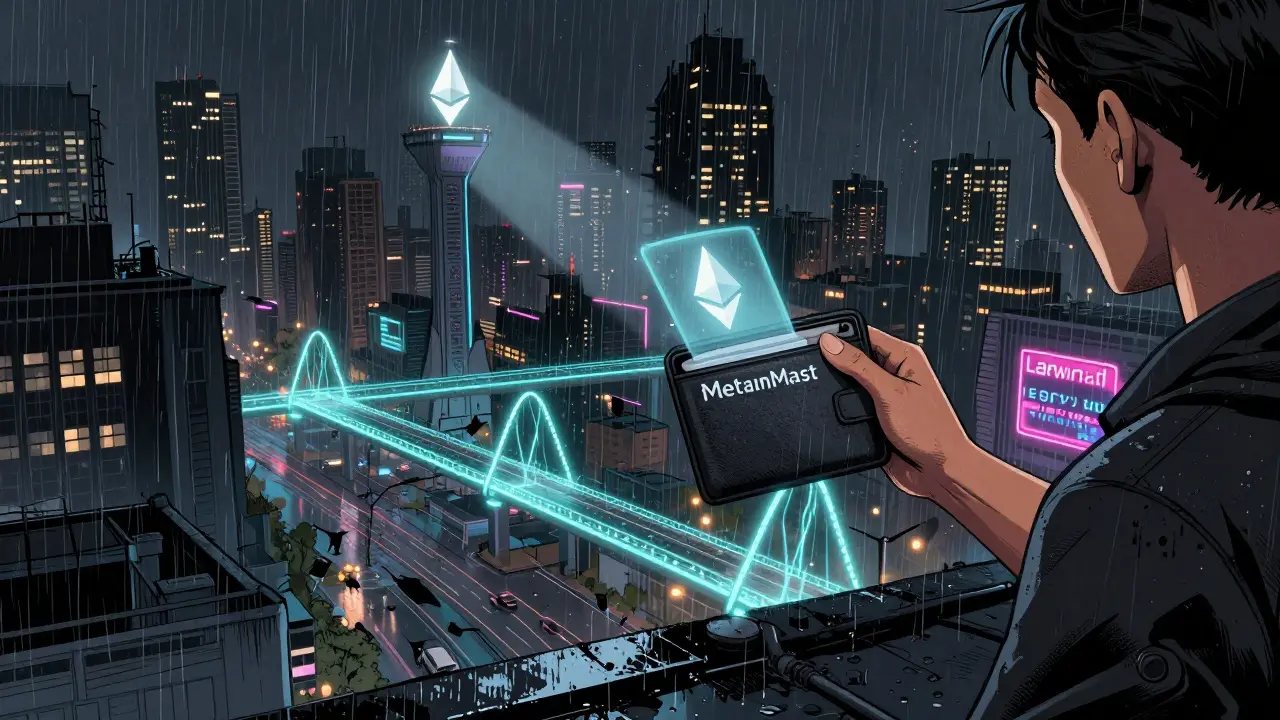 Пользователь отправляет тестовый ETH с крыши, Layer-2 сети — как мосты над разрушающейся сетью Ethereum, в стиле Sin City.