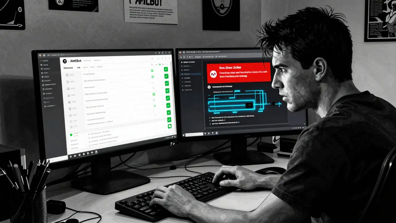 Пользователь смотрит на два экрана: один с чистой транзакцией, другой с красным предупреждением.