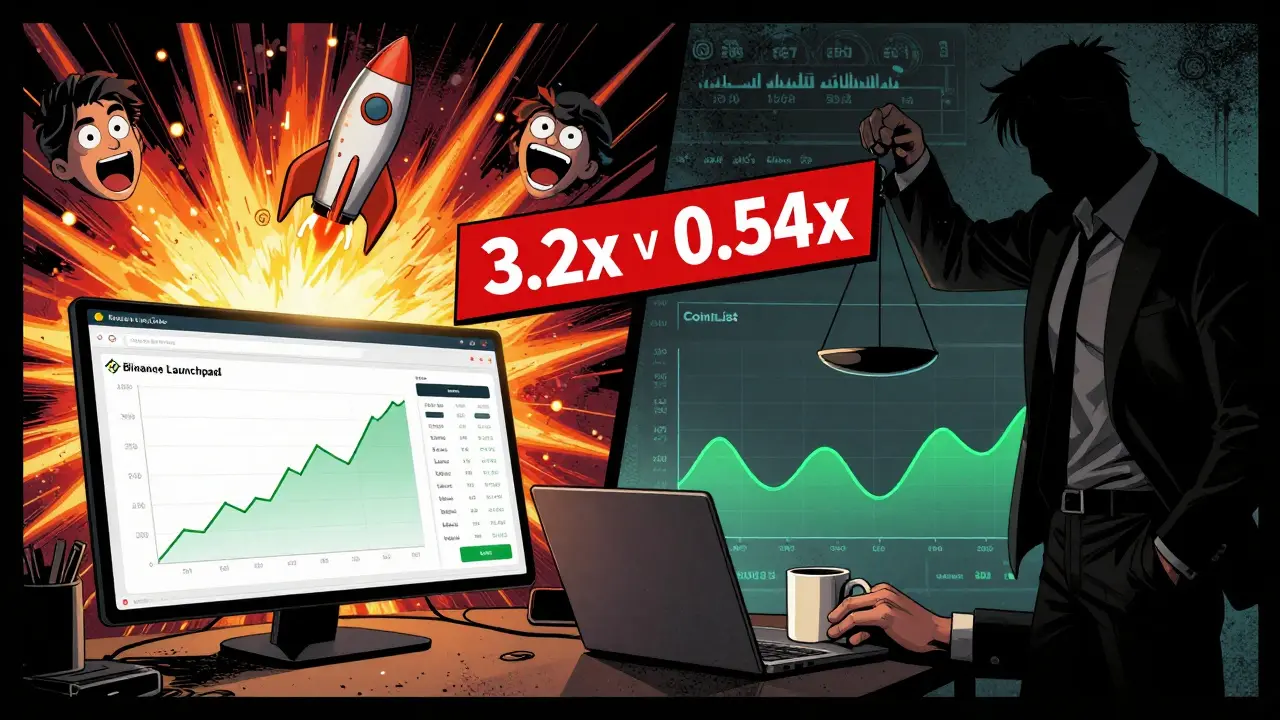Разделённая сцена: слева — взрывной рост на Binance, справа — медленный рост на CoinList, между ними — весы риска и безопасности.
