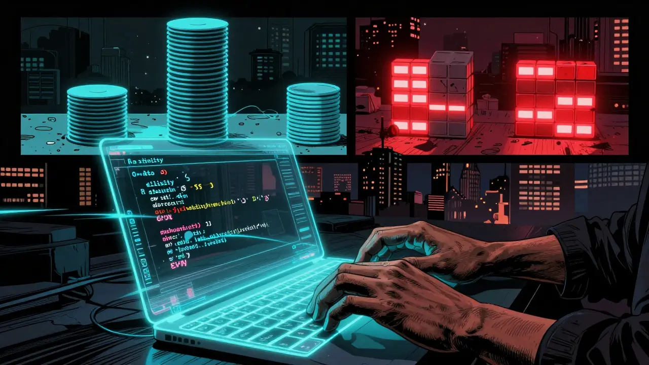 Рука пишет код Solidity, который превращается в стеки, память и хранилище EVM на фоне городского пейзажа.