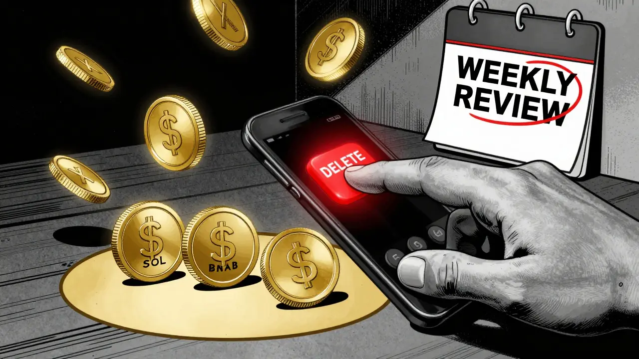 Рука удаляет ненужные токены, оставляя только три надежных криптовалюты в золотом круге.