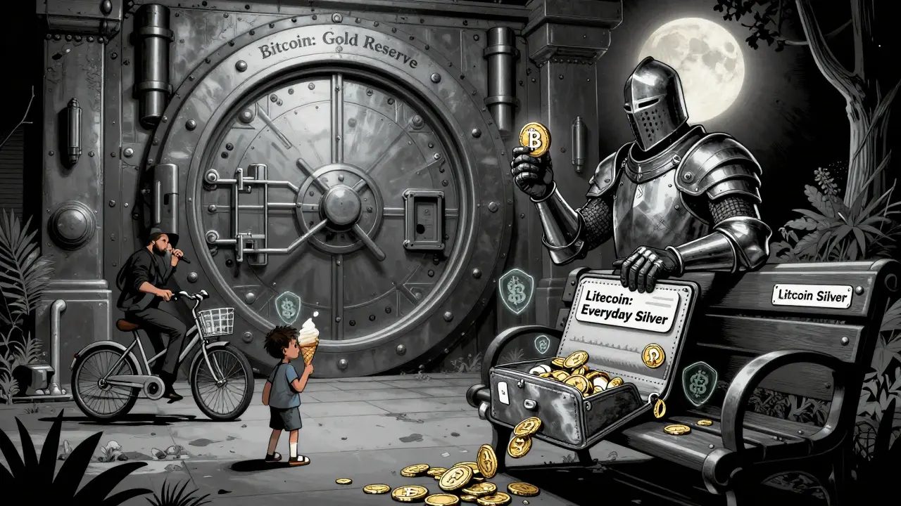 Сравнение: массивный сейф с золотом биткоина и открытый кошелёк с лайткоином, который используют для повседневных покупок в парке.