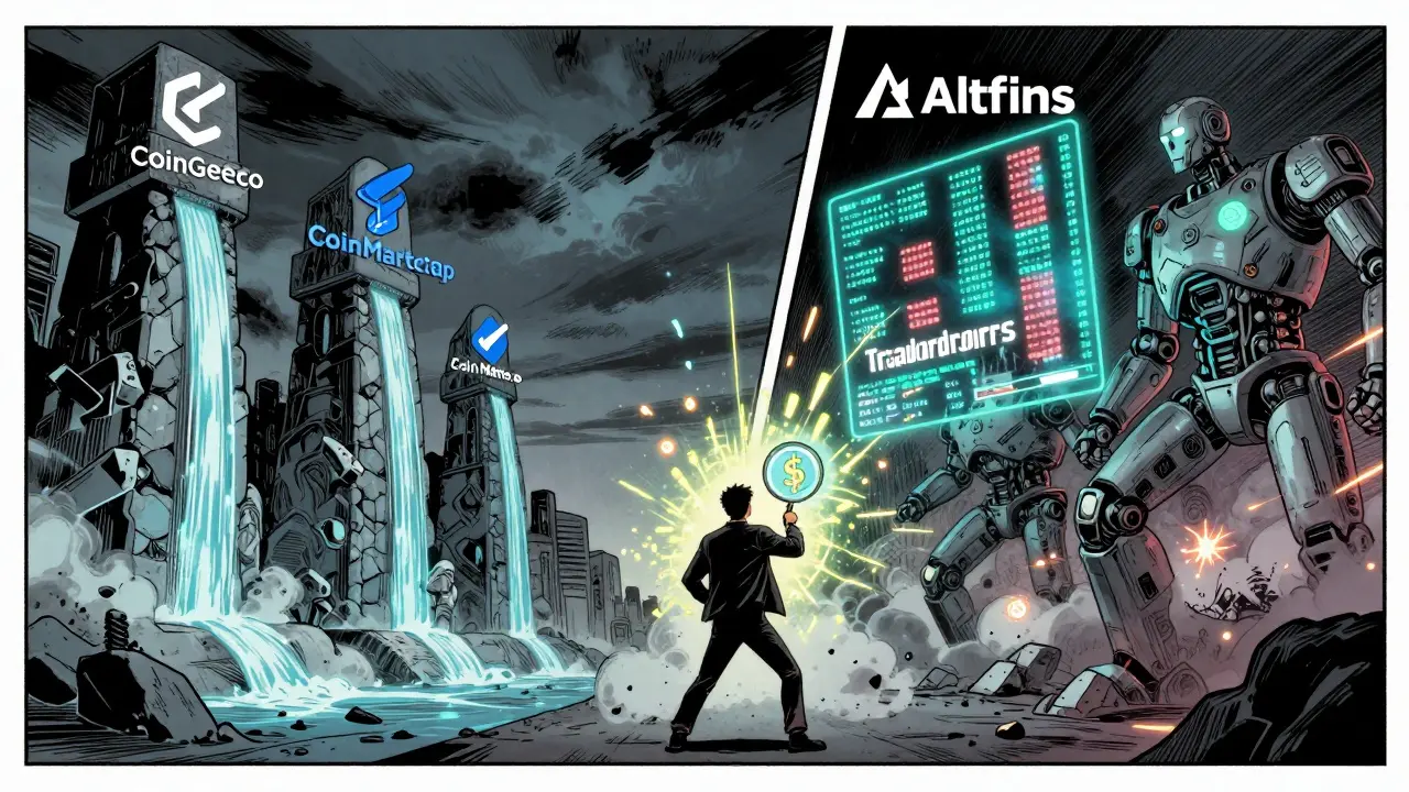 Сравнение сервисов для отслеживания криптовалют в виде битвы между статуями и роботами.