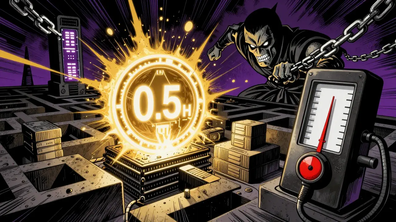 Транзакция ETH проходит через компоненты EVM, газовый счётчик растёт, оракул Chainlink доставляет данные в стиле кибер-самурая.