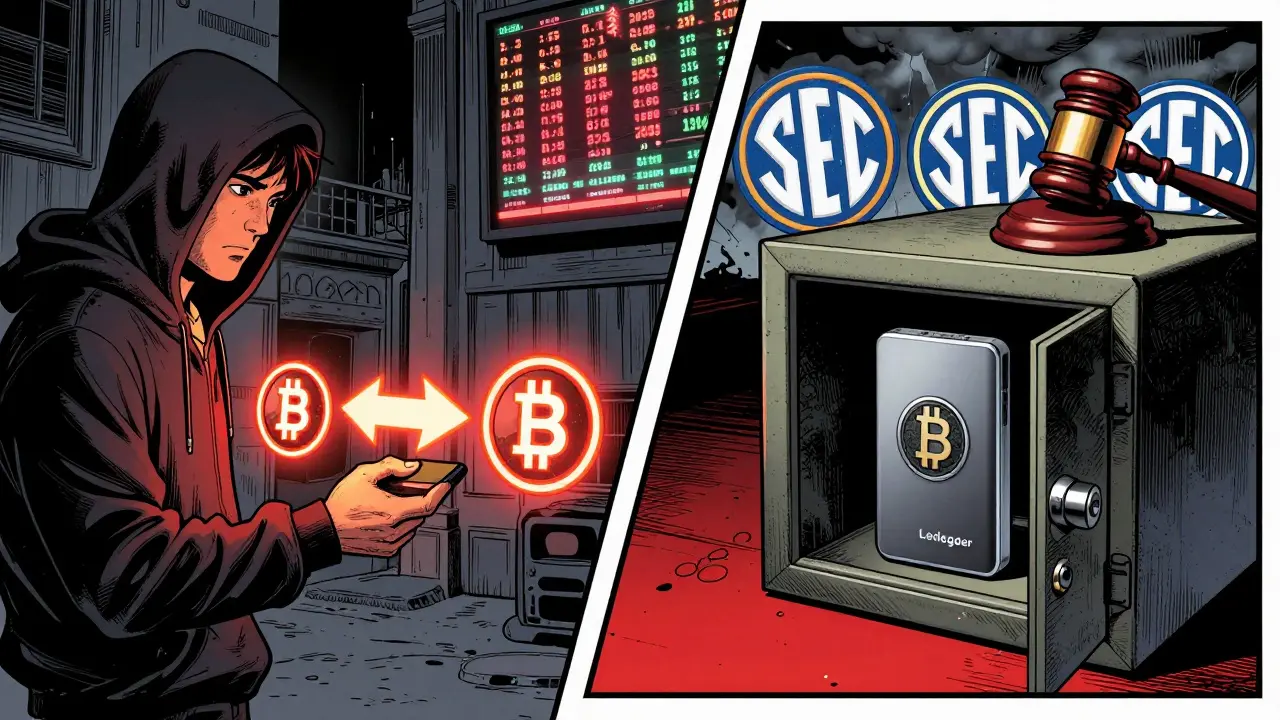 Трейдер платит газом BNB, справа холодный кошелёк, над головой — угрозы регуляторов.