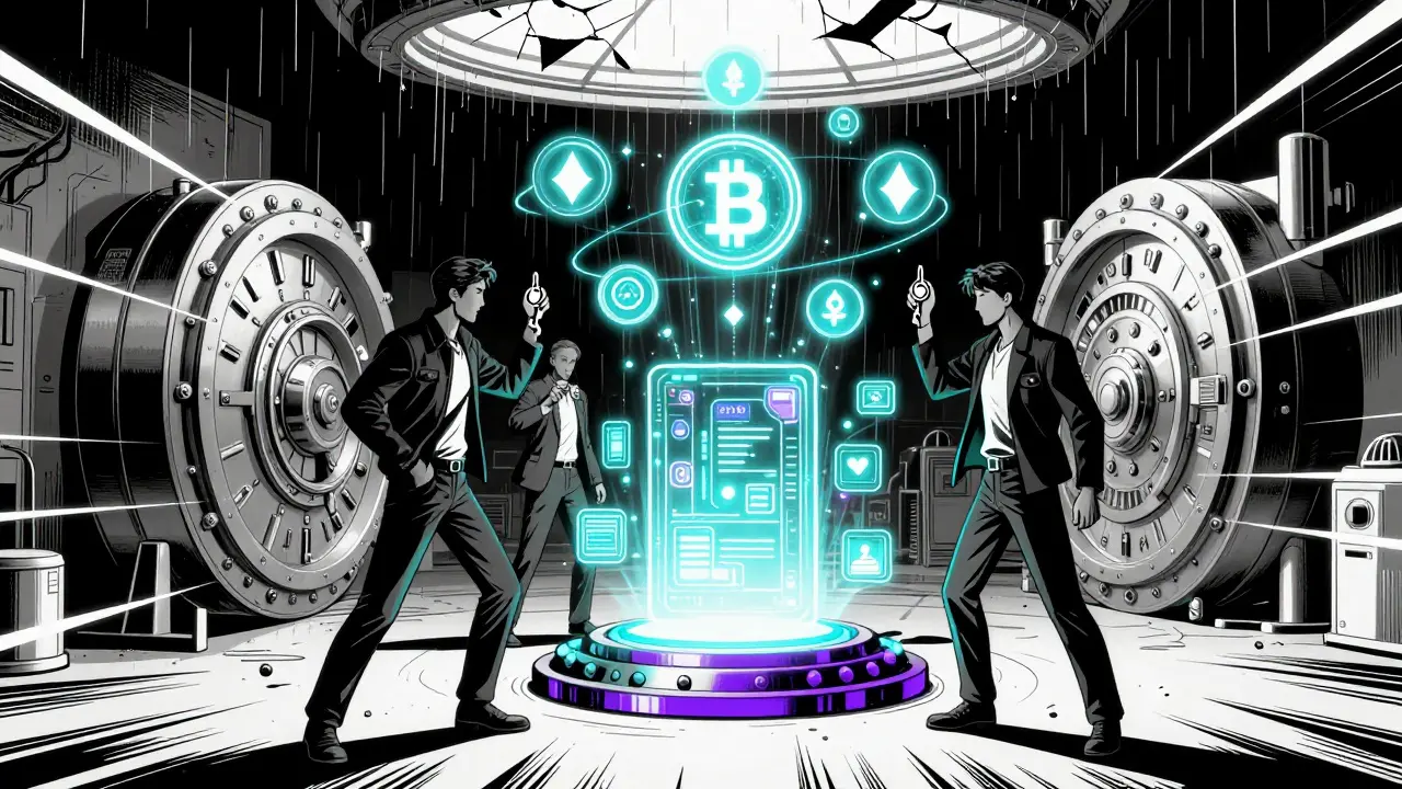 Трое людей активируют мультиподписной кошелёк в будущем сейфе с квантовой защитой.