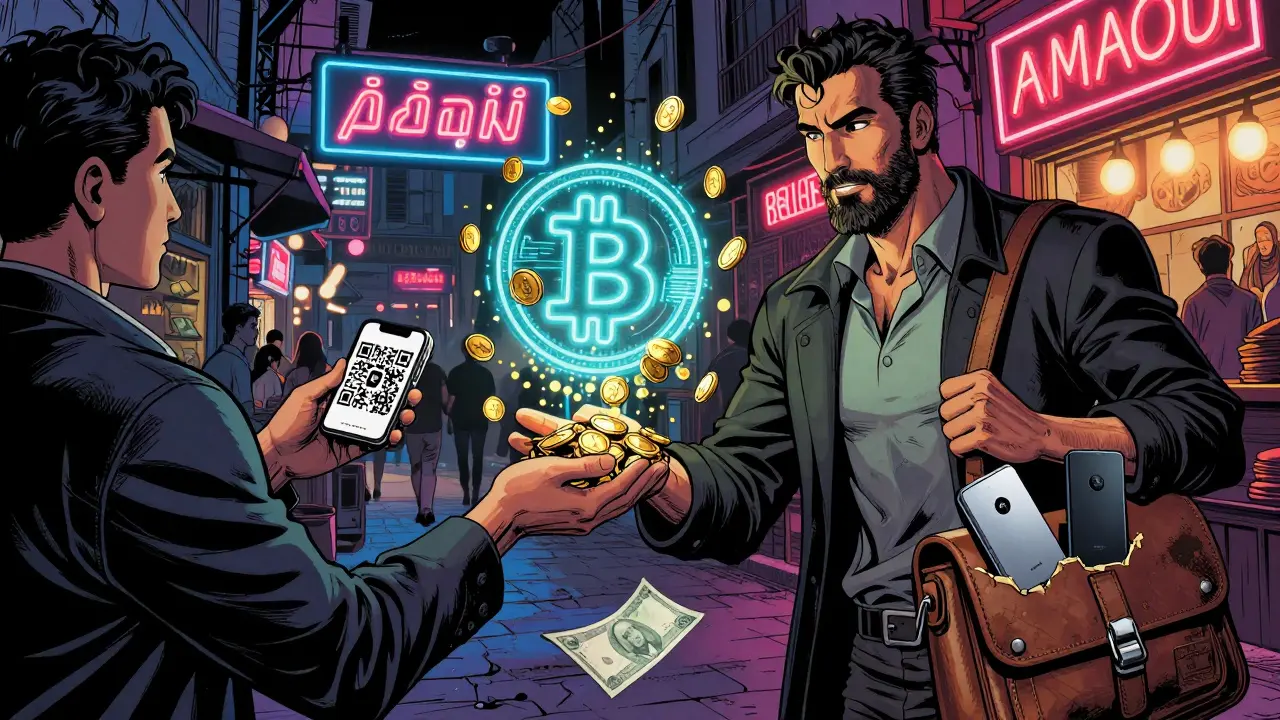 Турецкий продавец передаёт QR-код, Bitcoin-символ между ними превращается в цифровые монеты.