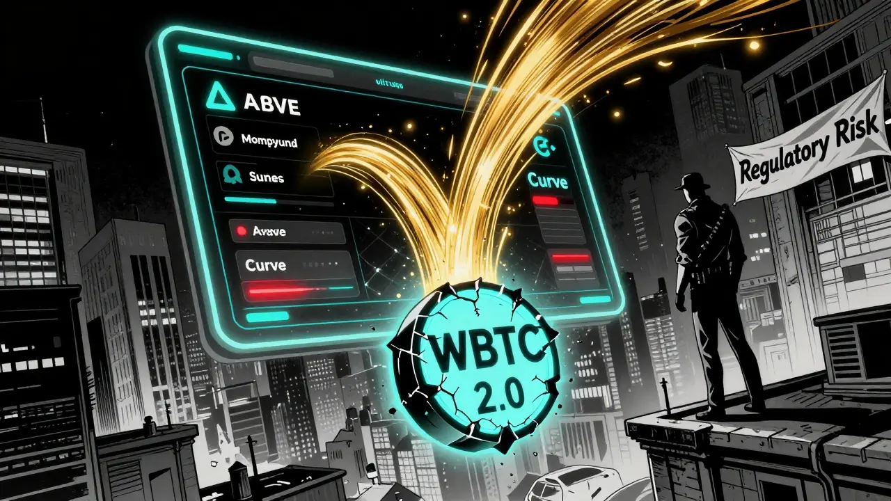 WBTC течет в DeFi-протоколы, а рядом светится прототип WBTC 2.0, над ним — силуэт регулятора.