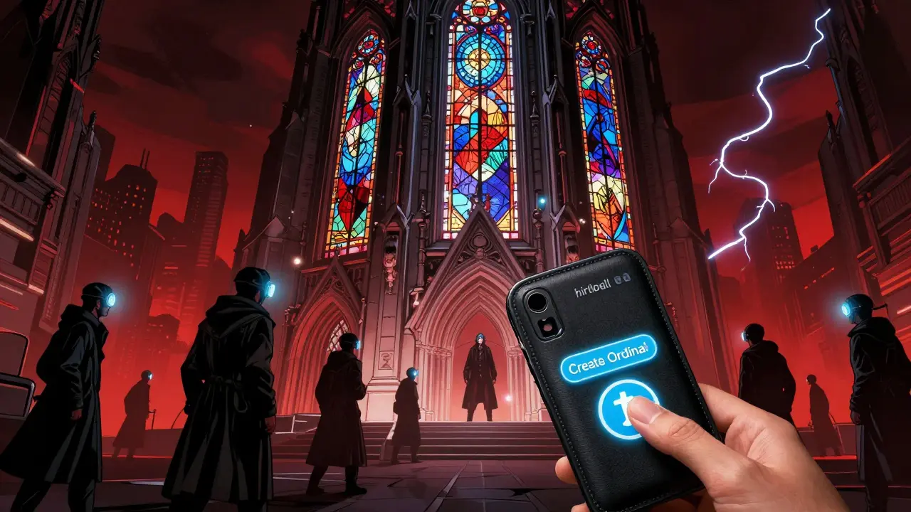 Bitcoin-узел как храм с Ordinals-витражами, майнеры охраняют его, пользователь создает Ordinal через кошелек.