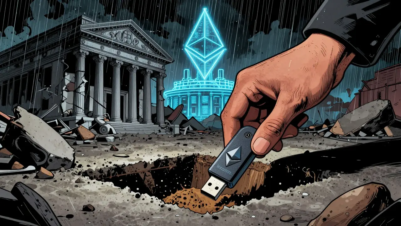 Человек кладёт аппаратный кошелёк в сейф, пока банк рушится и растёт цифровой храм.