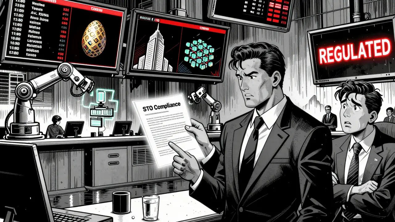 Цифровая биржа, где роботы торгуют токенами, а юрист указывает на документ с надписью 'STO Compliance' под красным светом.