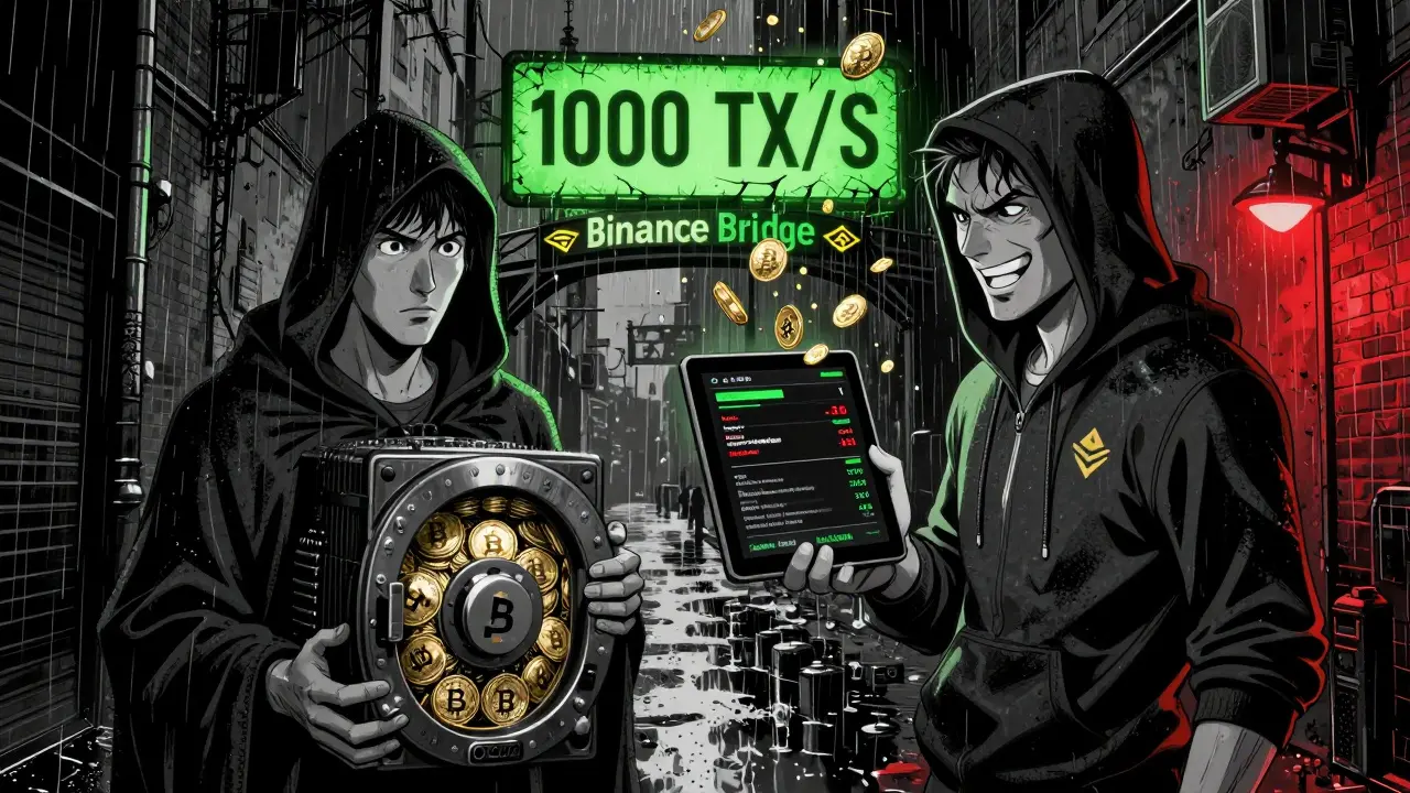 Два крипто-торговца в тёмном переулке: один хранит крупную сумму, другой совершает быструю сделку с низкой комиссией.