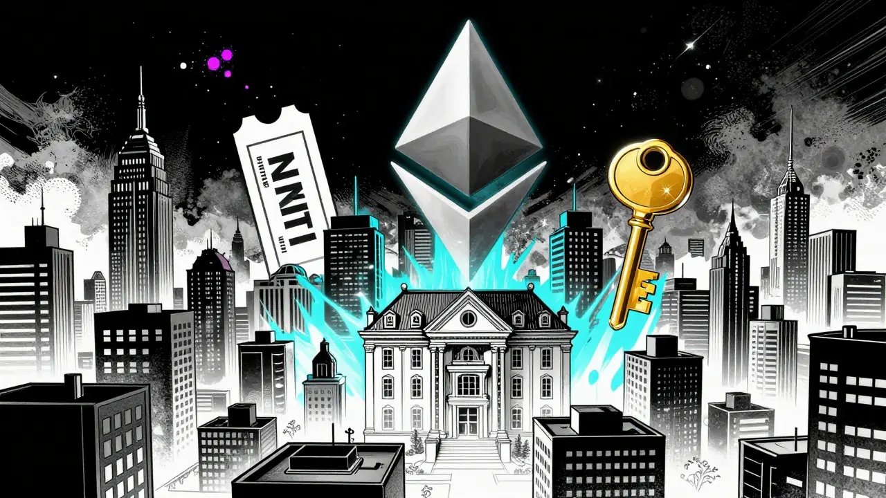 Эфириум как город, из которого растут разные токены: NFT, UNI и AAVE в стиле Sin City.