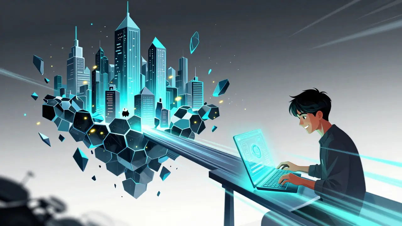 Город Near из подвижных шардов, тысячи транзакций летят как светлячки, разработчик на hologram-клавиатуре.