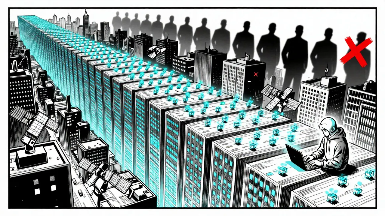 Городской панорама с цифровым журналом блокчейн и узлами сети на крышах.