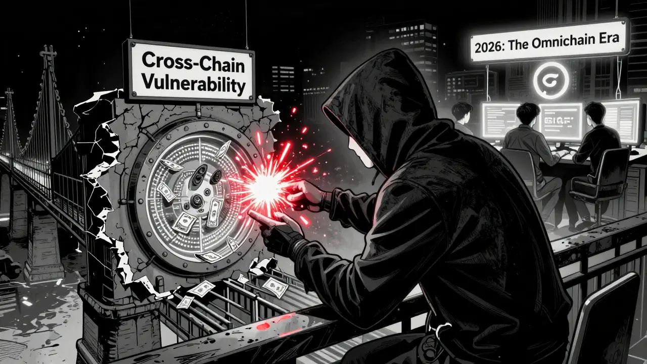 Хакер атакует мост, деньги исчезают, разработчики создают новый протокол, на фоне светится логотип Chainlink CCIP 2.0.