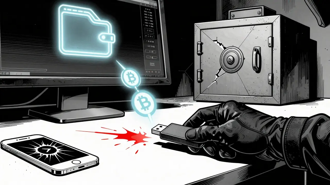 Хакер крадёт флешку с кошельком, а на экране исчезают криптовалютные символы.
