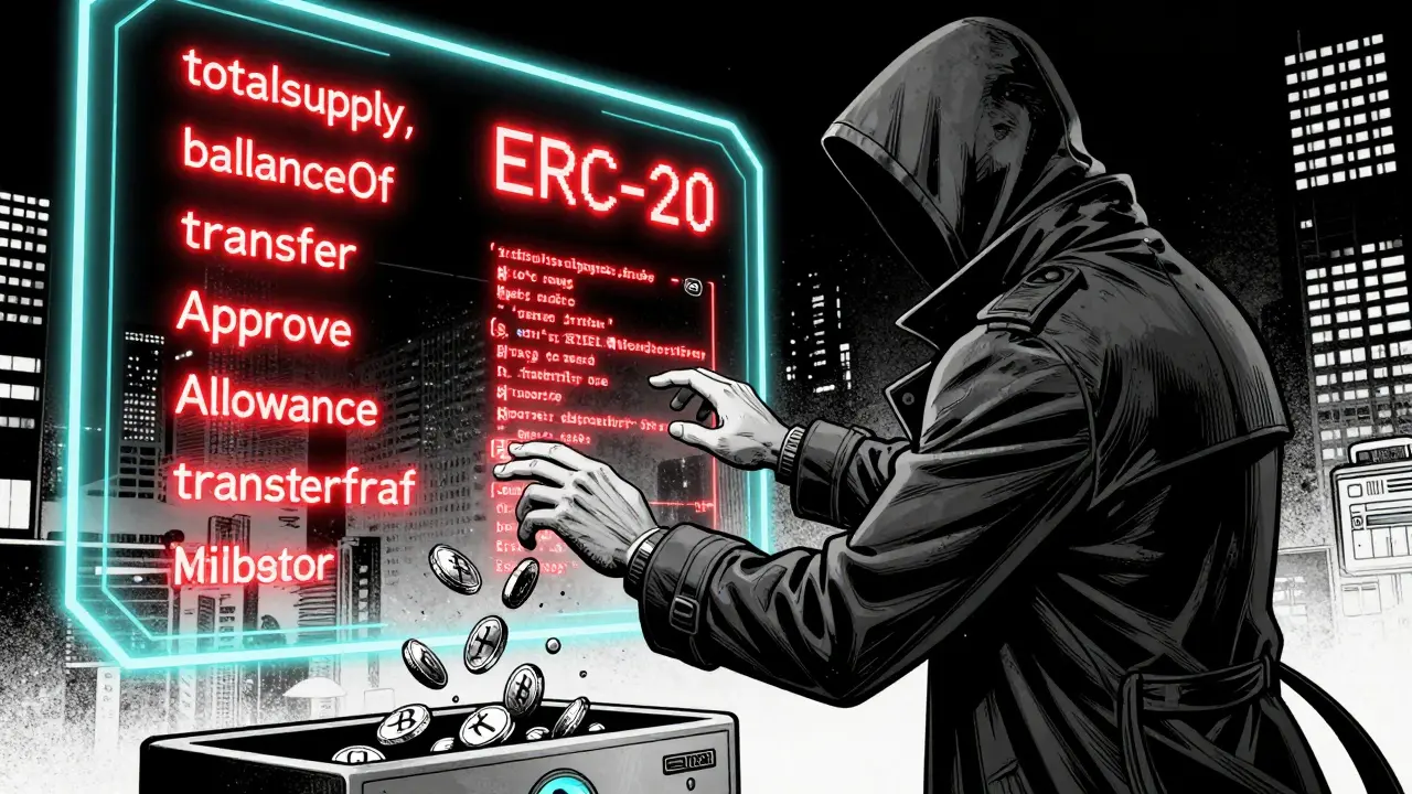 Хакер перед интерфейсом с шестью функциями ERC-20, ETH как капающий газ.