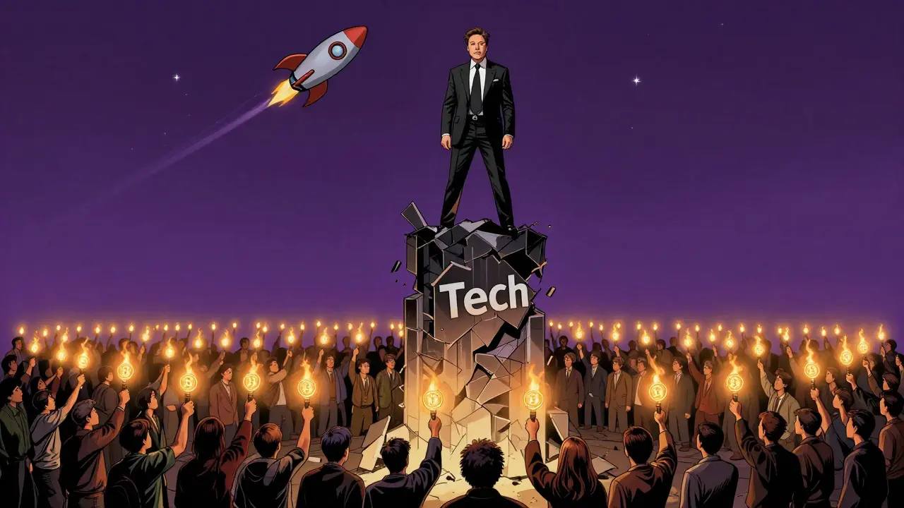 Илон Маск на разрушающемся блокчейне, а люди светятся монетами Dogecoin.