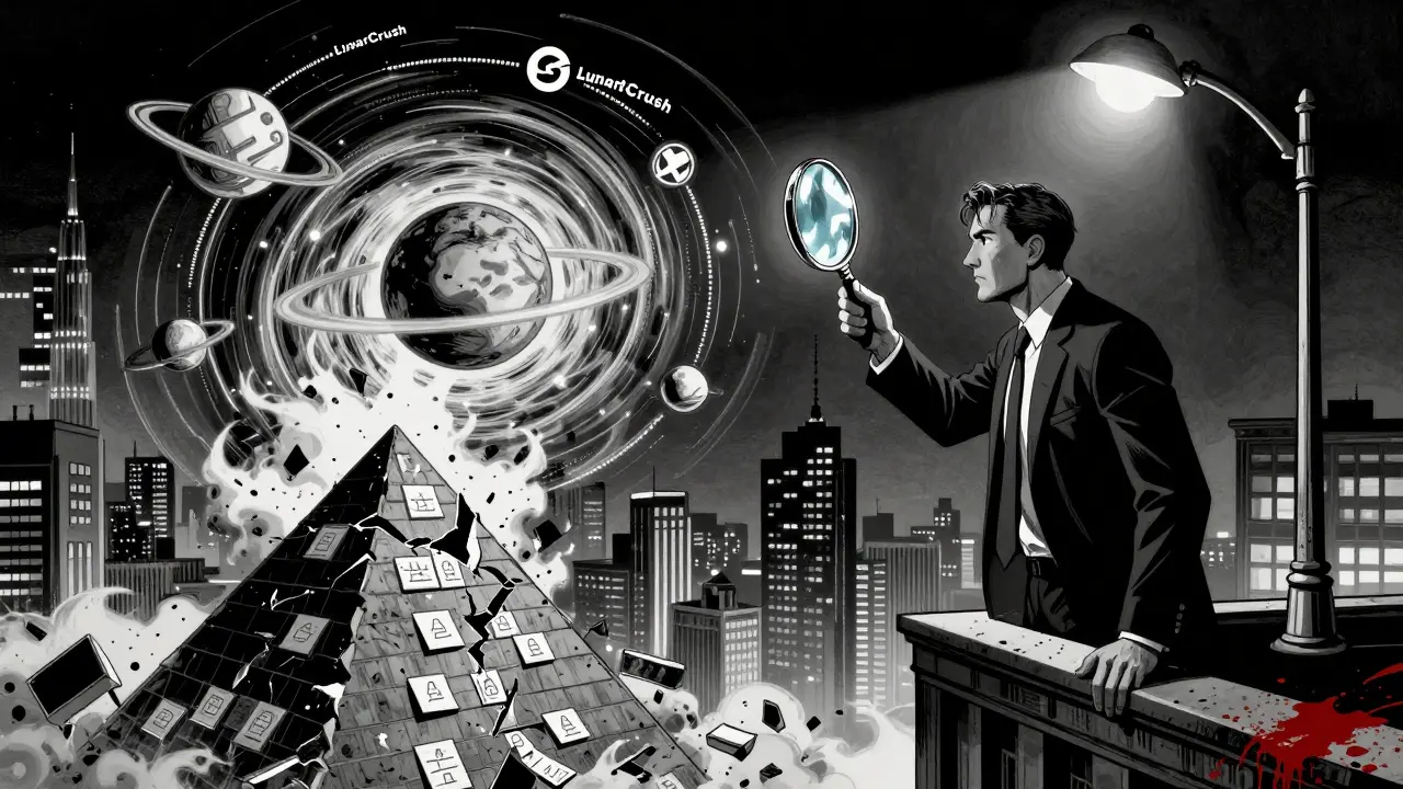 Инвестор с лупой над вихрем социальных метрик, а под ним рушатся боты.