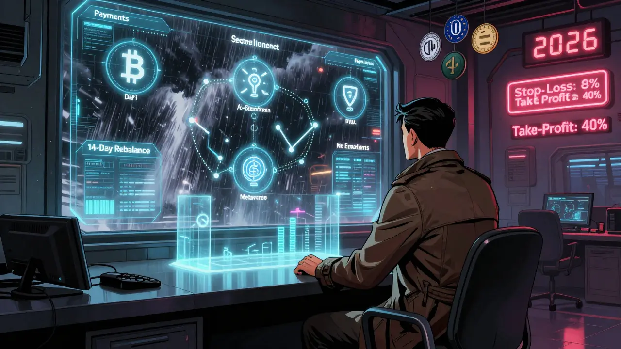 Инвестор в темном кабинете наблюдает за секторами криптовалют, вне окна — буря биткоина, внутри — спокойствие.