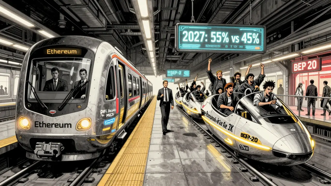 Космополитическая станция с поездами ERC-20 и BEP-20, пассажиры ведут себя по-разному в зависимости от сети.