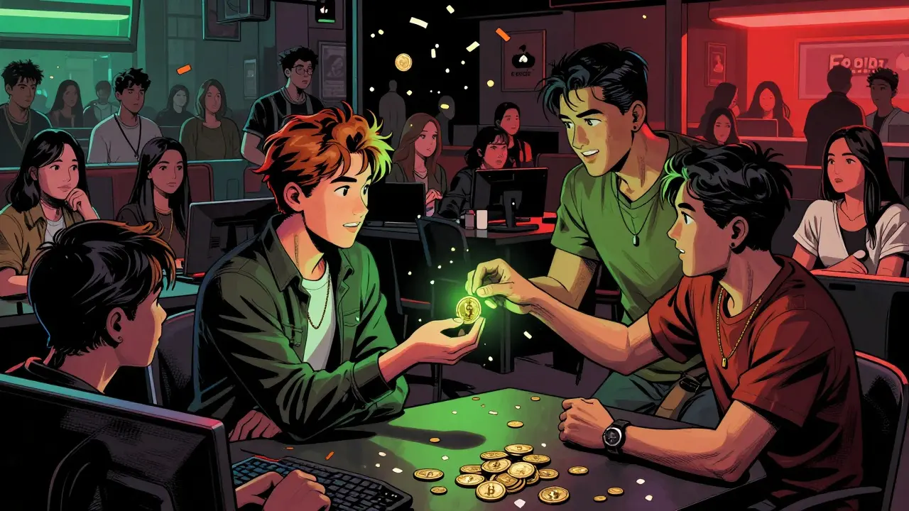 Люди передают монеты Dogecoin друг другу в атмосфере дружеского сообщества.