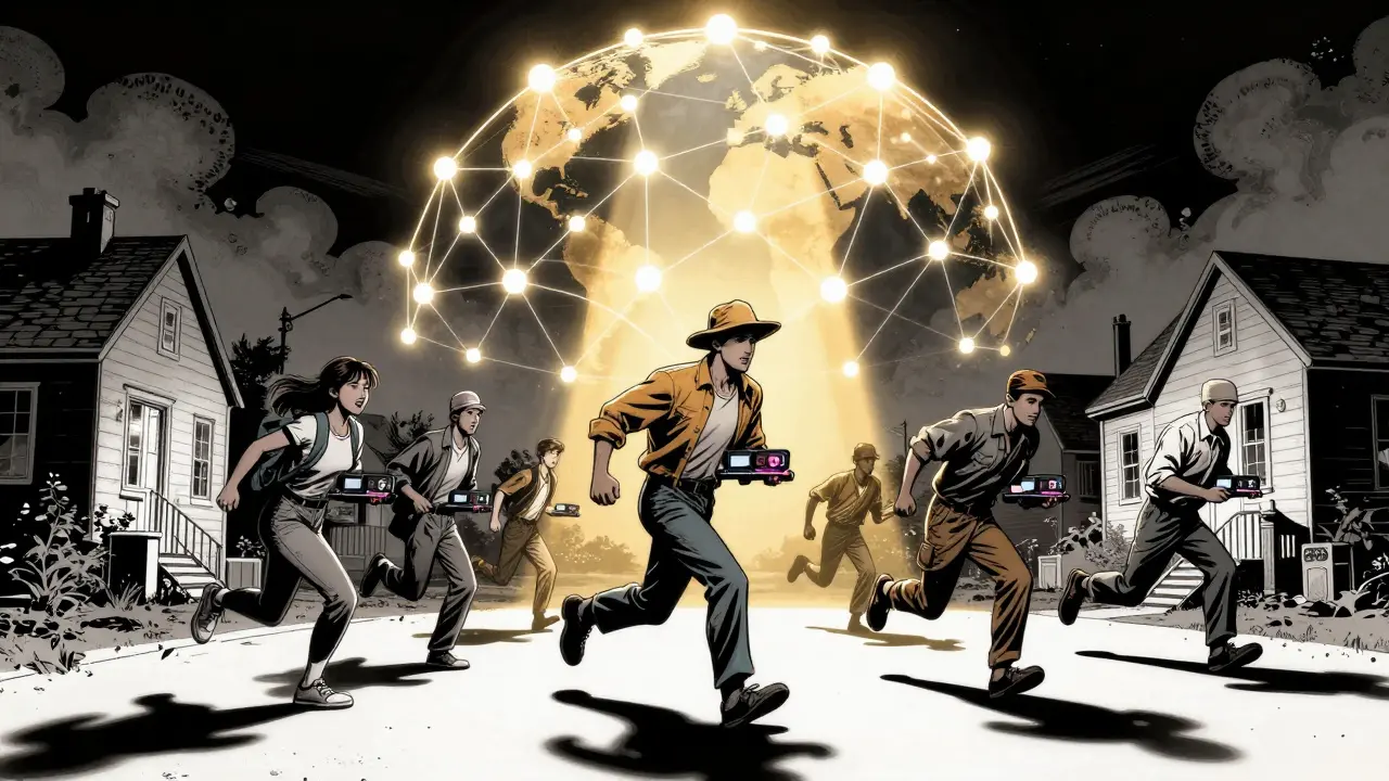 Люди по всему миру запускают ноды, создавая защитный купол децентрализации в стиле Sin City с золотым светом.