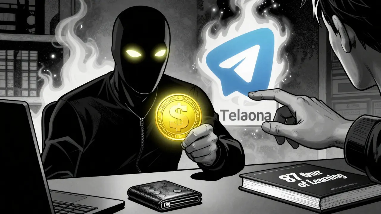 Мошеннический токен в Telegram-рекламе, настоящий логотип горит, холодный кошелёк в углу.