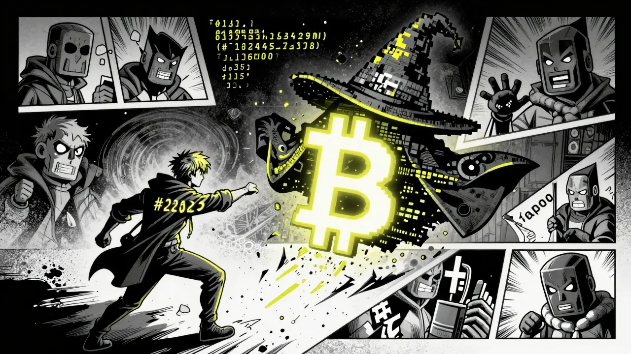 Один сатоши превращается в цифровой артефакт — волшебника Ordinal, окруженного коллекцией Punks и Wizards.