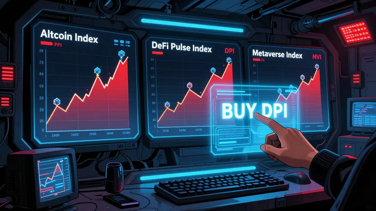 Панель с тремя индексами: Altcoin, DPI и MVI, динамически перераспределяющие веса в цифровом интерфейсе.