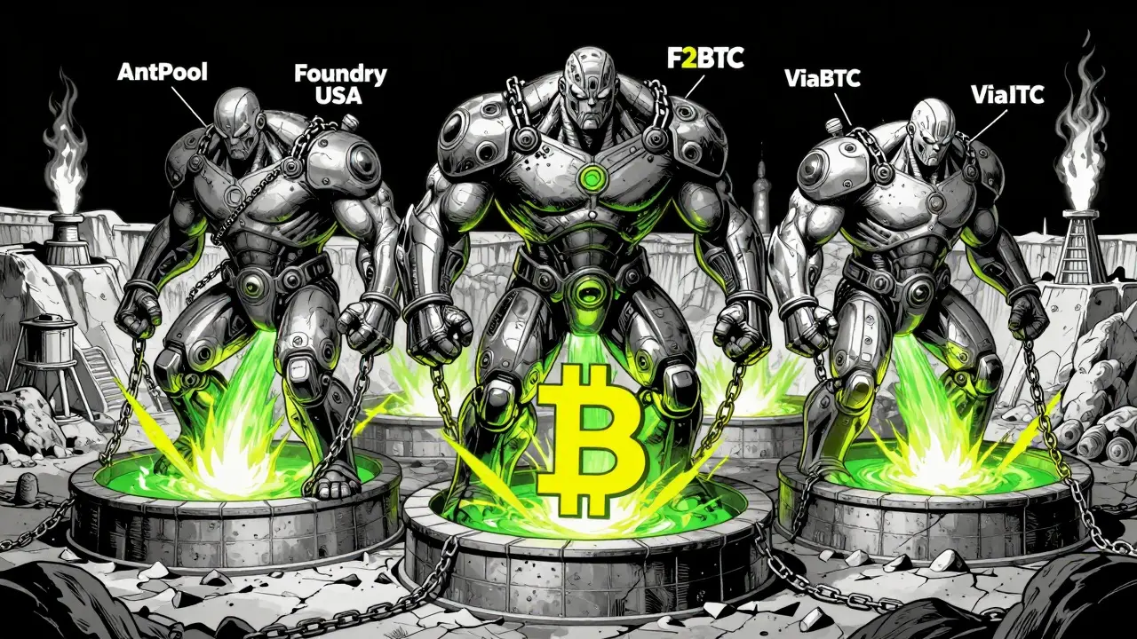 Пять майнинговых пулов как гигантские механизмы, держащие блокчейн, с источниками энергии по всему миру в стиле Sin City.