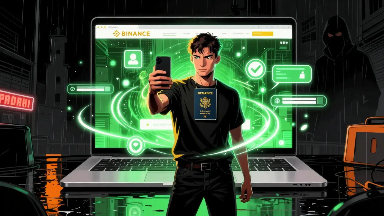 Пользователь регистрируется на Binance с паспортом и селфи.