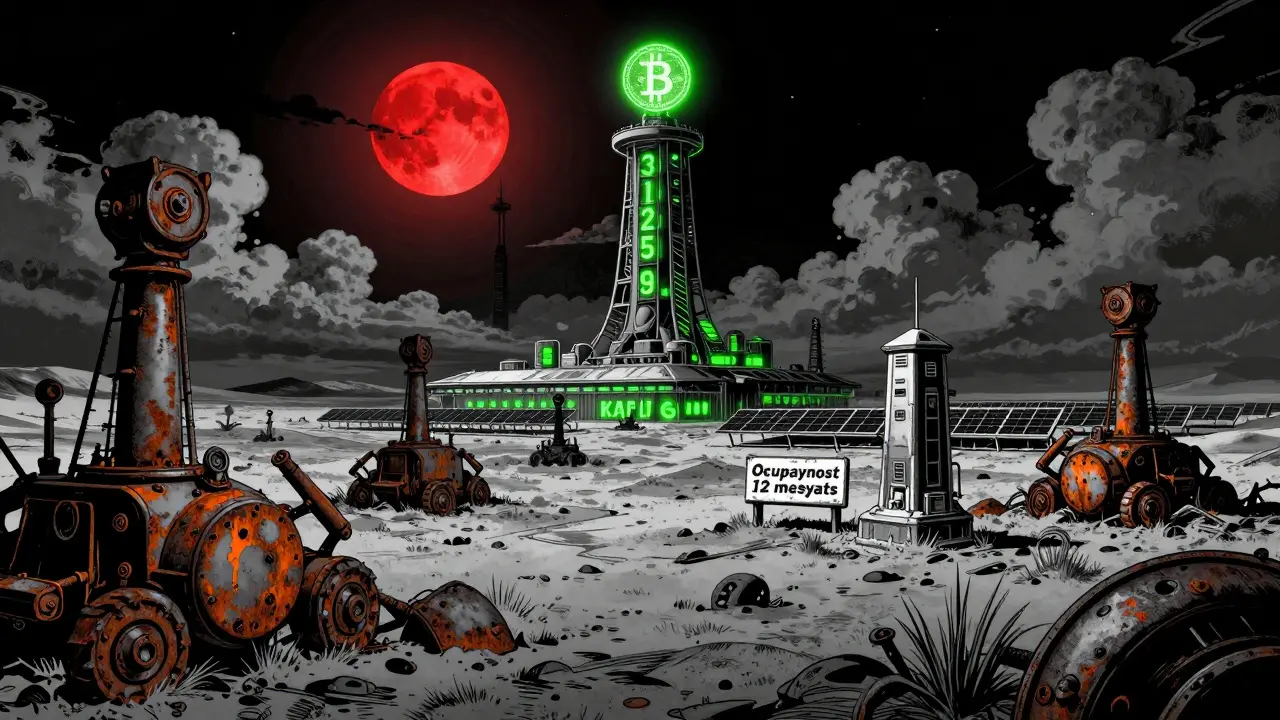 Пустынный пейзаж 2025 года с заброшенными майнерами, новой фермой Каспа и монументом Лайткоина под гигантским блокчейном Биткоина.
