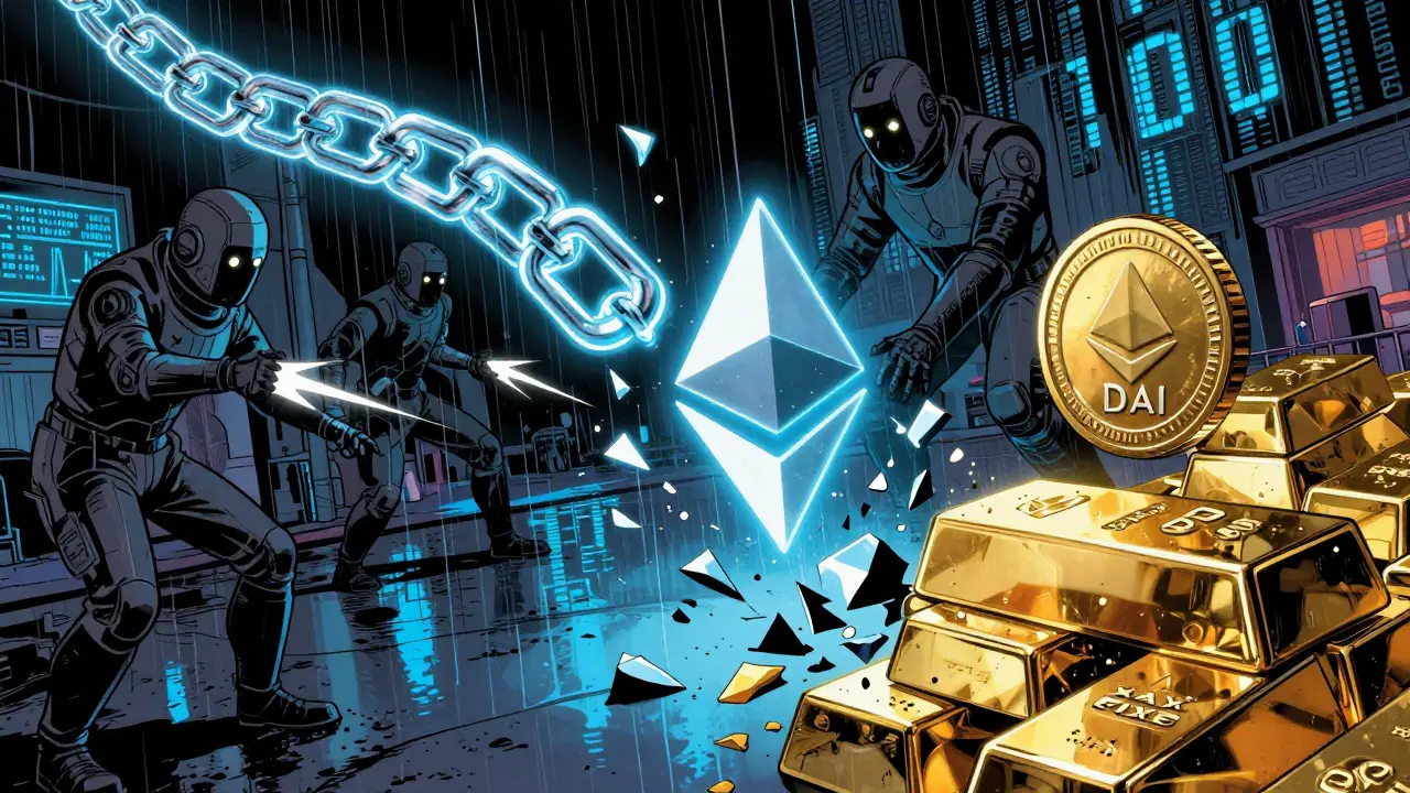 Разбитый токен DAI на фоне блокчейна Ethereum, с ботами-ликвидаторами и золотыми слитками в тени.
