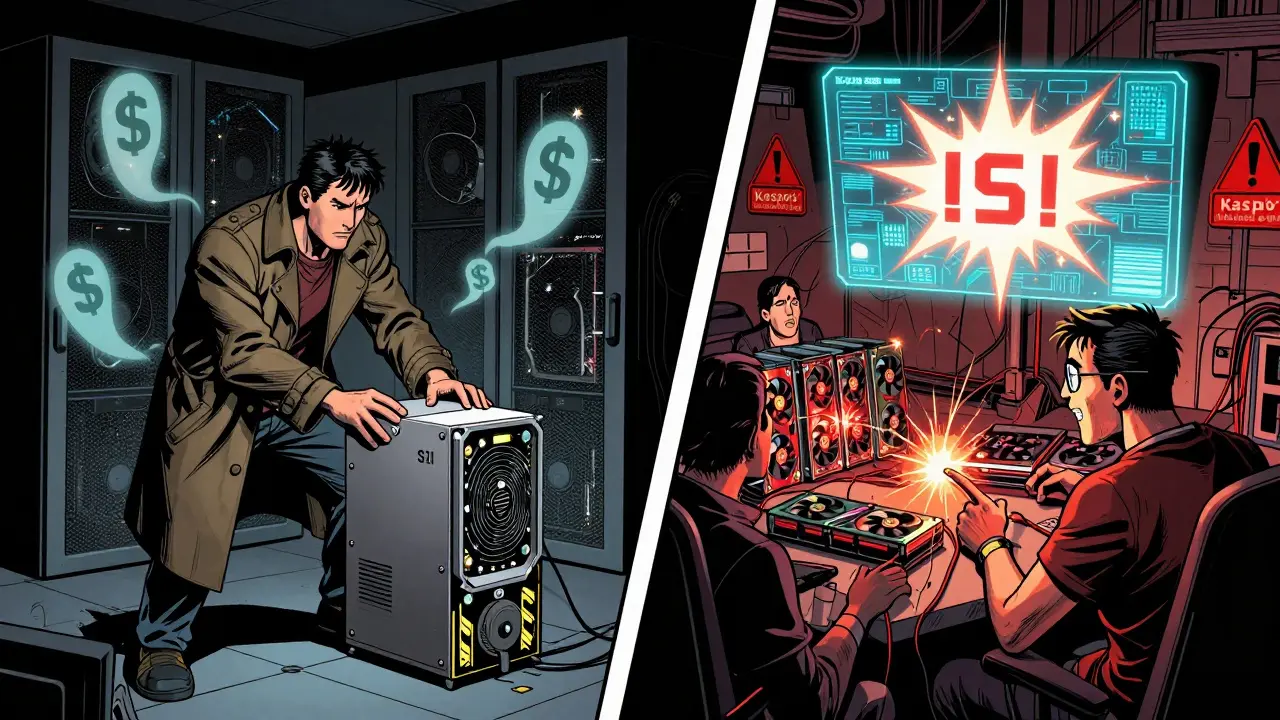 Разделённая сцена: один майнер с ASIC-фермой Биткоина, другой — с GPU-фермой Каспа, в стиле чёрно-белой комиксной графики.