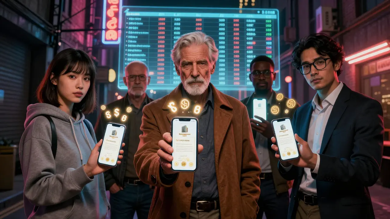 Разные инвесторы смотрят на смартфоны, где отображаются цифровые доли в недвижимости, а над их руками парят дивиденды.