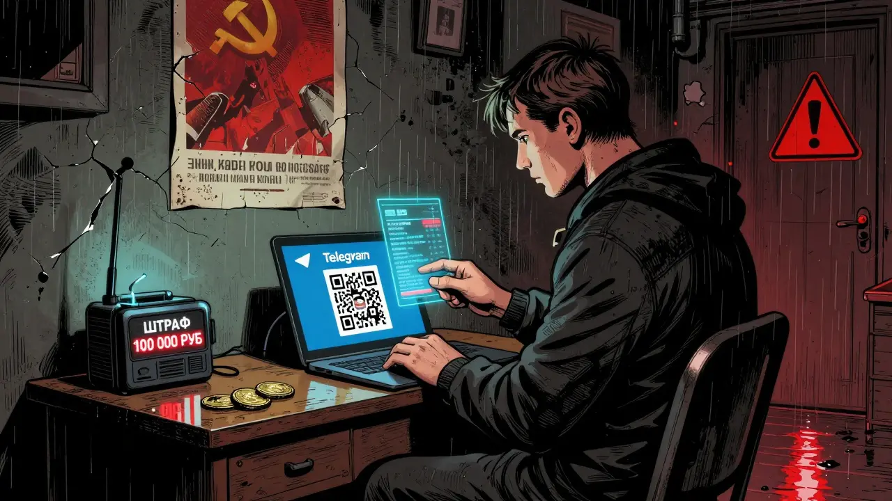 Россиянин обменивает стейблкоины на рубли через Telegram-бота, на заднем плане — предупреждение о штрафе.