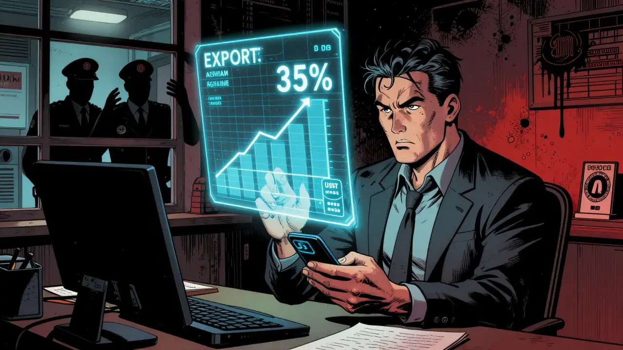 Российский предприниматель смотрит на смартфон с USDT-кошельком, за окном — банкиров, блокирующих перевод.