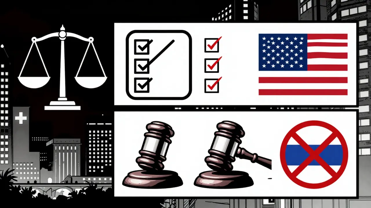 Символы регулирования криптовалют в разных странах: весы, чеклист, молот, крест