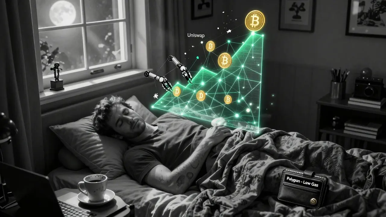 Спящий инвестор, над ним автоматически ребалансируются токены в блокчейн-сети, мягкий свет луны и зеленые цифровые элементы.