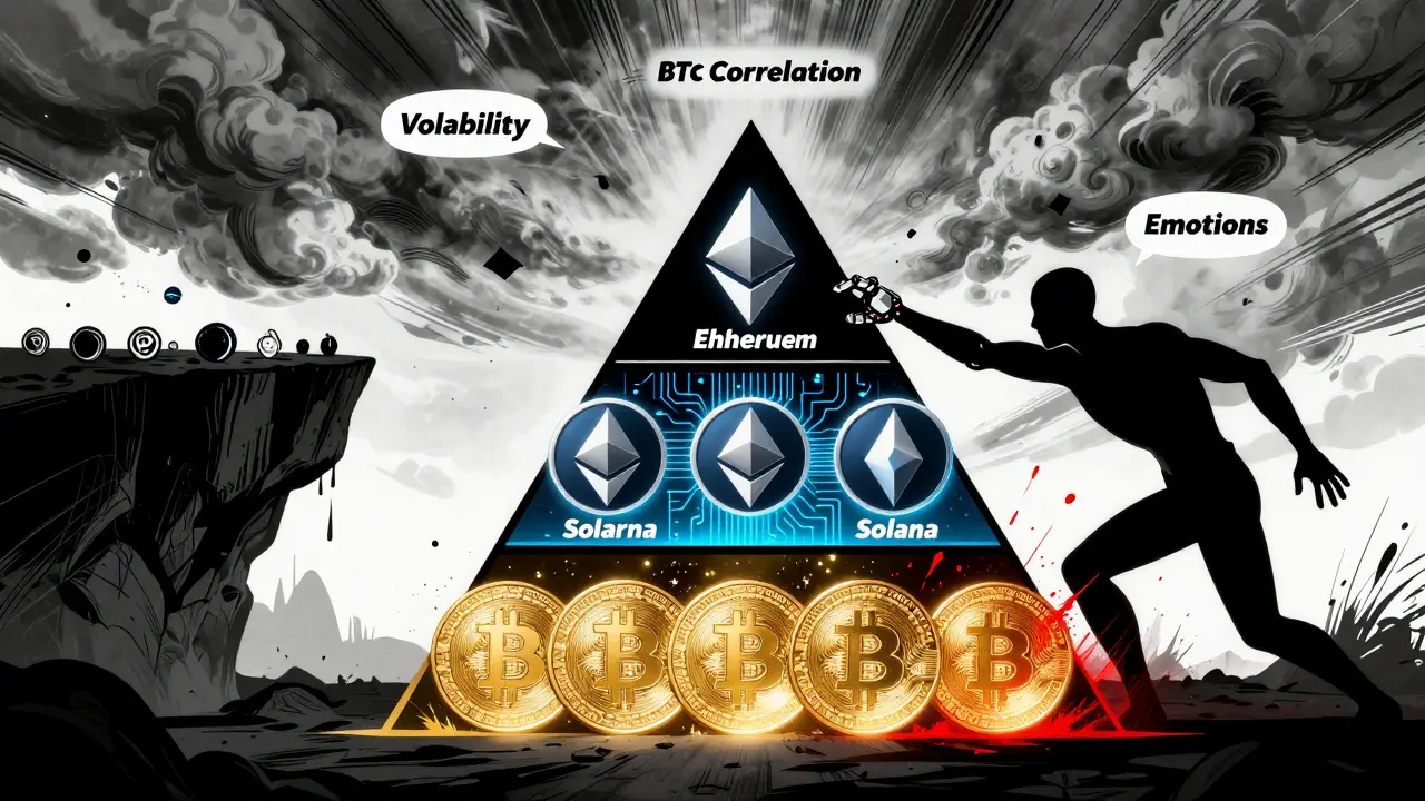 Трехуровневая пирамида портфеля под атакой шторма, стабильные активы внизу, волатильные — наверху.