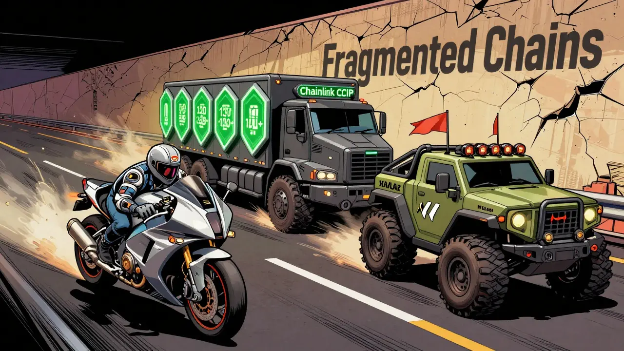 Три кросс-чейн моста в виде машин на шоссе: LayerZero, Chainlink и Axelar, сражаются с разрозненными блокчейнами.
