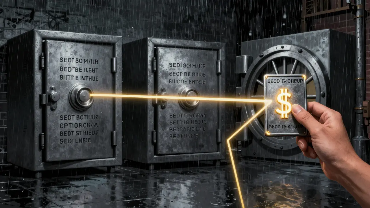 Три металлические пластины с seed-фразой хранятся в разных надёжных местах — символ безопасности.