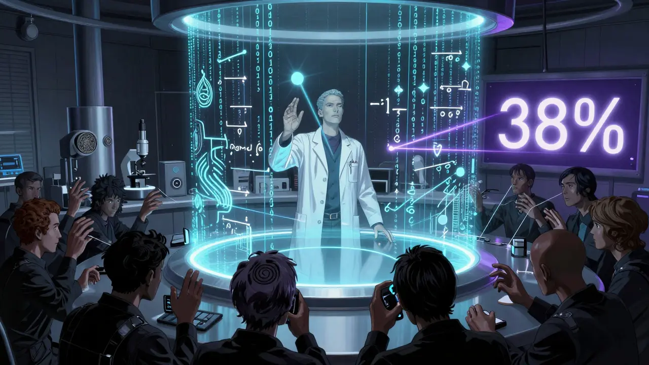 Ученый проверяет смарт-контракт в лаборатории Cardano, десять теней контролируют стейкинг.