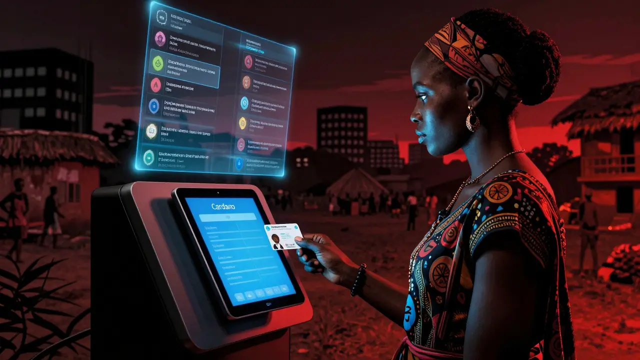 Женщина в деревне получает цифровой паспорт через Cardano, фон — тени банков и светящиеся потоки транзакций в стиле Sin City.