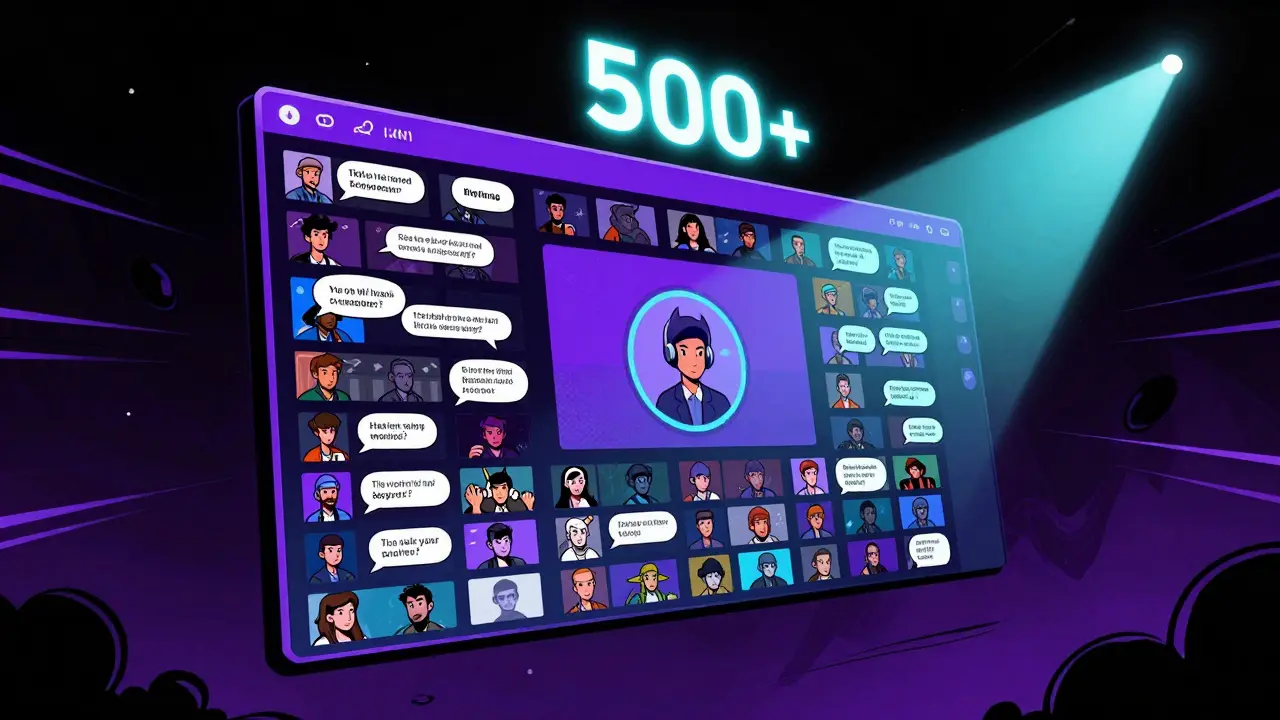 Живой Discord-сервер с десятками аватаров и светящимся счетчиком сообщений.