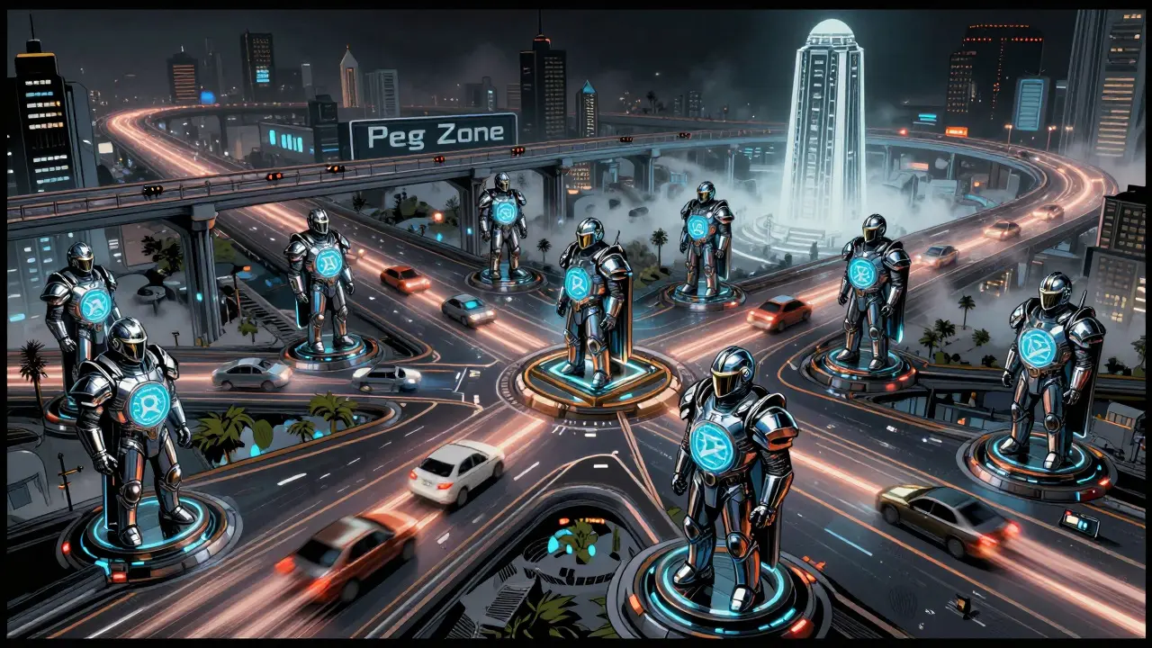 100 валидаторов охраняют межблокчейновую автостраду, где токены движутся между зонами по светящимся маршрутам.