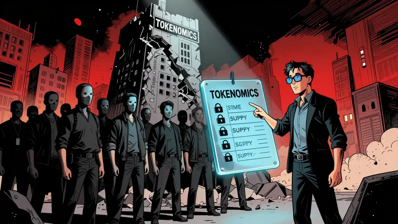 Анонимная команда стоит перед рушащейся башней токеномики, пока один разработчик указывает на прозрачные сроки блокировки.